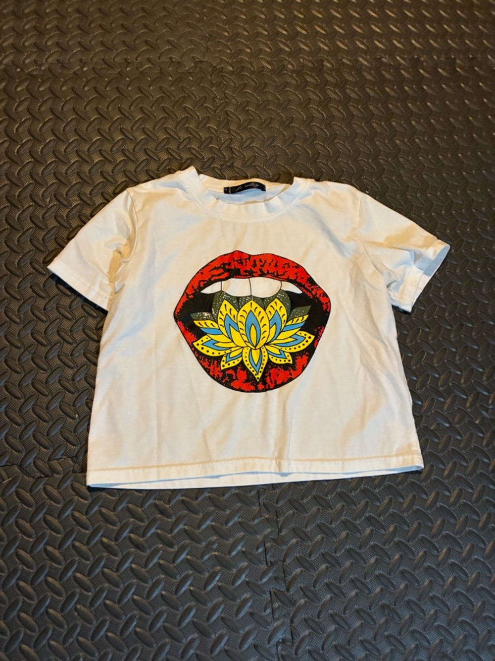 White Graphic Tee with Red Lips & Yellow Floral Print